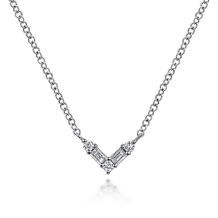 Gabriel & Co White Gold Baguette and Round Diamond Chevron Pendant Necklace - Diamond Pendants