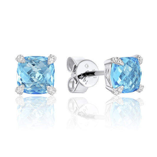 Luvente 14 Karat White Gold Pave Diamond Claw Blue Topaz and Diamond Stud Earrings - Colored Stone Earrings