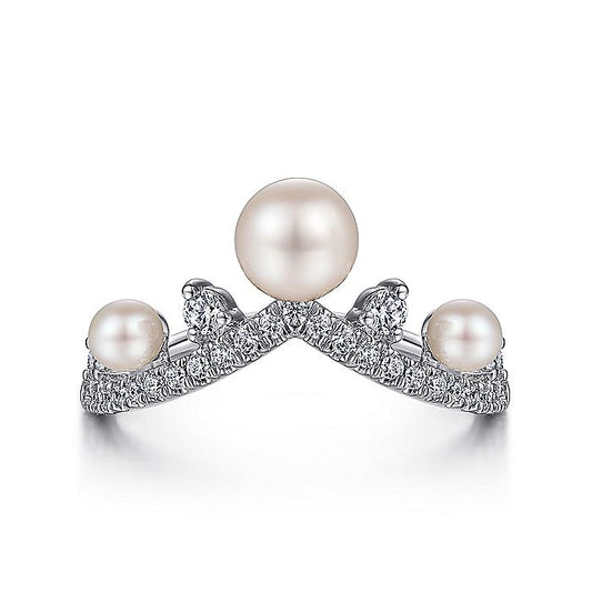 Gabriel & Co. 14 Karat White Gold Diamond and Pearl Curved Ring - Diamond Anniversary Rings