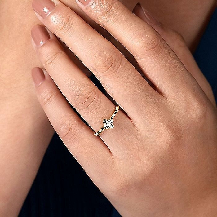 Gabriel & Co. Yellow Gold Diamond Cluster Clover and Bujukan Bead Ring