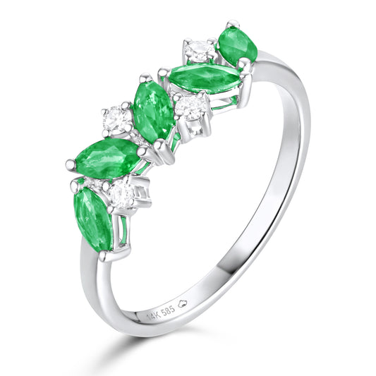 Luvente 14 Karat White Gold Marquise Emerald and Round Diamond Ring - Colored Stone Rings - Women's