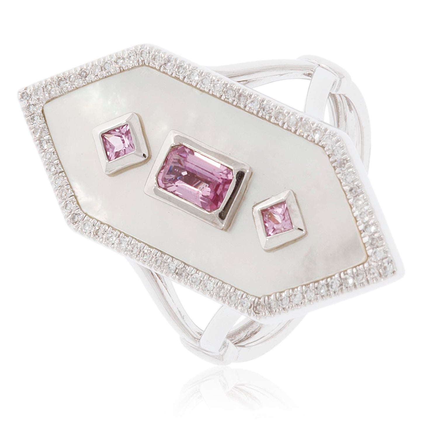 Luvente 14 Karat White Gold Hexagon Mother of Pearl, Pink Sapphire, and Diamond Ring