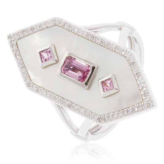 Luvente 14 Karat White Gold Hexagon Mother of Pearl, Pink Sapphire, and Diamond Ring - Colored Stone Rings - Women's