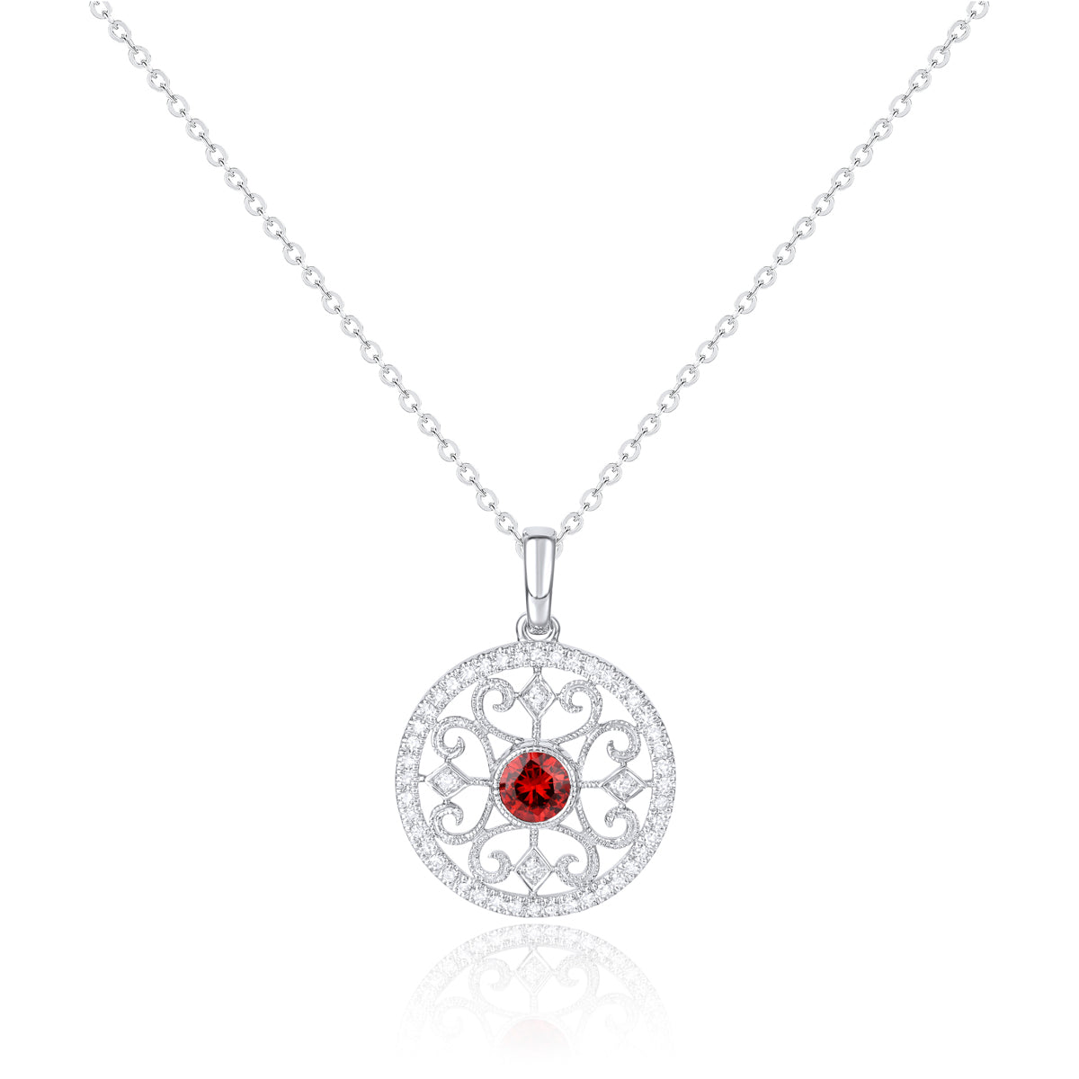 Luvente 14 Karat White Gold Round Ruby and Diamond Fillagree Pendant