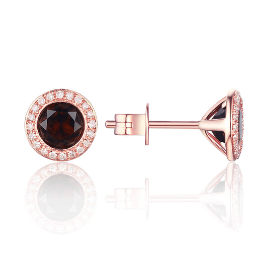 Luvente Rose Gold Smoky Topaz & Diamond Halo Earrings - Colored Stone Earrings