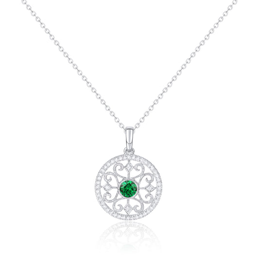 Luvente White Gold Round Vintage Scroll Work Style Emerald and Diamond Pendant - Colored Stone Pendants