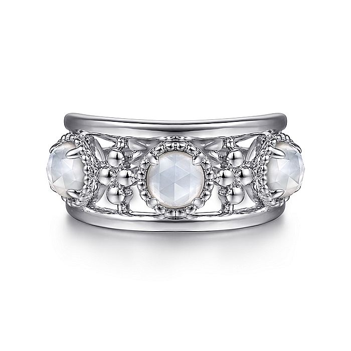 Gabriel & Co Sterling Silver Rock Crystal and White MOP Station Ring