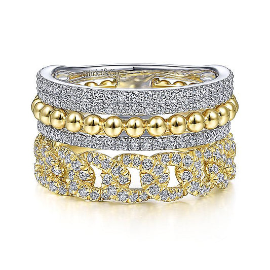 Gabriel & Co Yellow And White Gold Wide Band Layered Ring - Diamond Fashion Rings - Women's