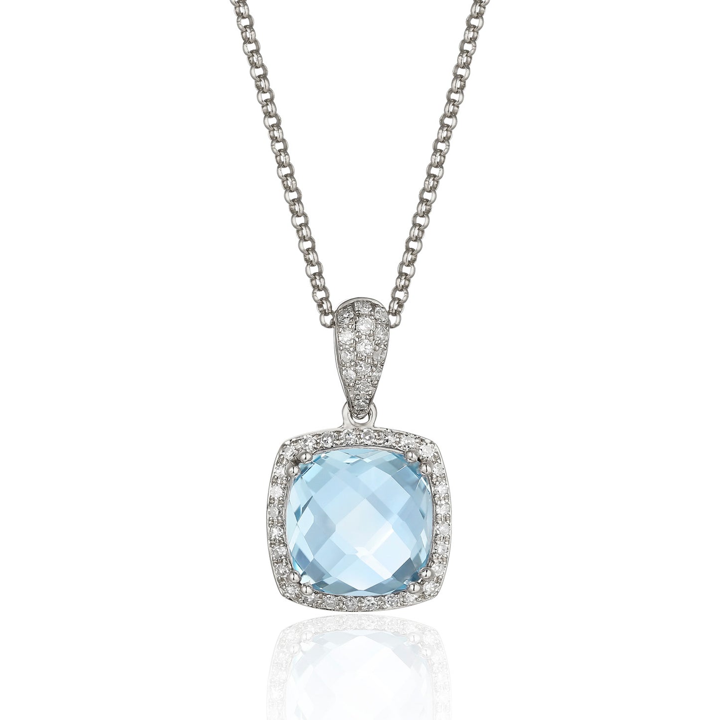 Luvente White Gold Blue Topaz & Diamond Drop Halo Pendant