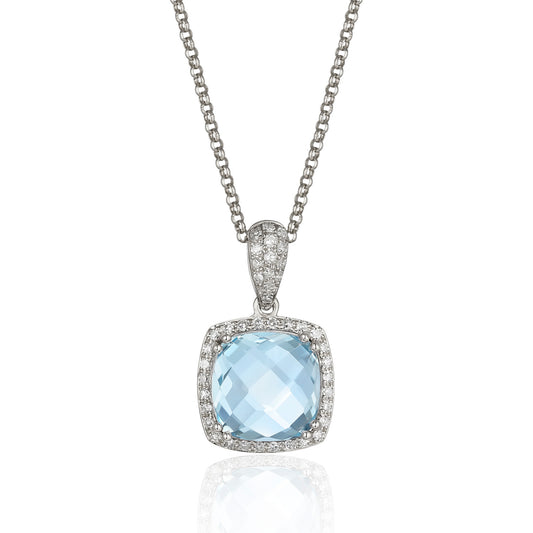 Luvente White Gold Blue Topaz & Diamond Drop Halo Pendant