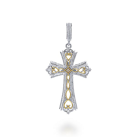 Gabriel & Co. Vintage Style 925 Silver/18 Karat Yellow Gold Fashion Cross Diamond Pendant