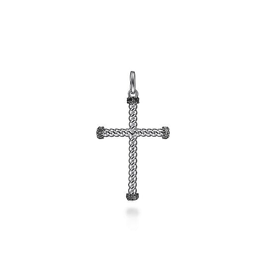 Gabriel & Co Sterling Silver Twisted Rope Cross Pendant with Black Spinel