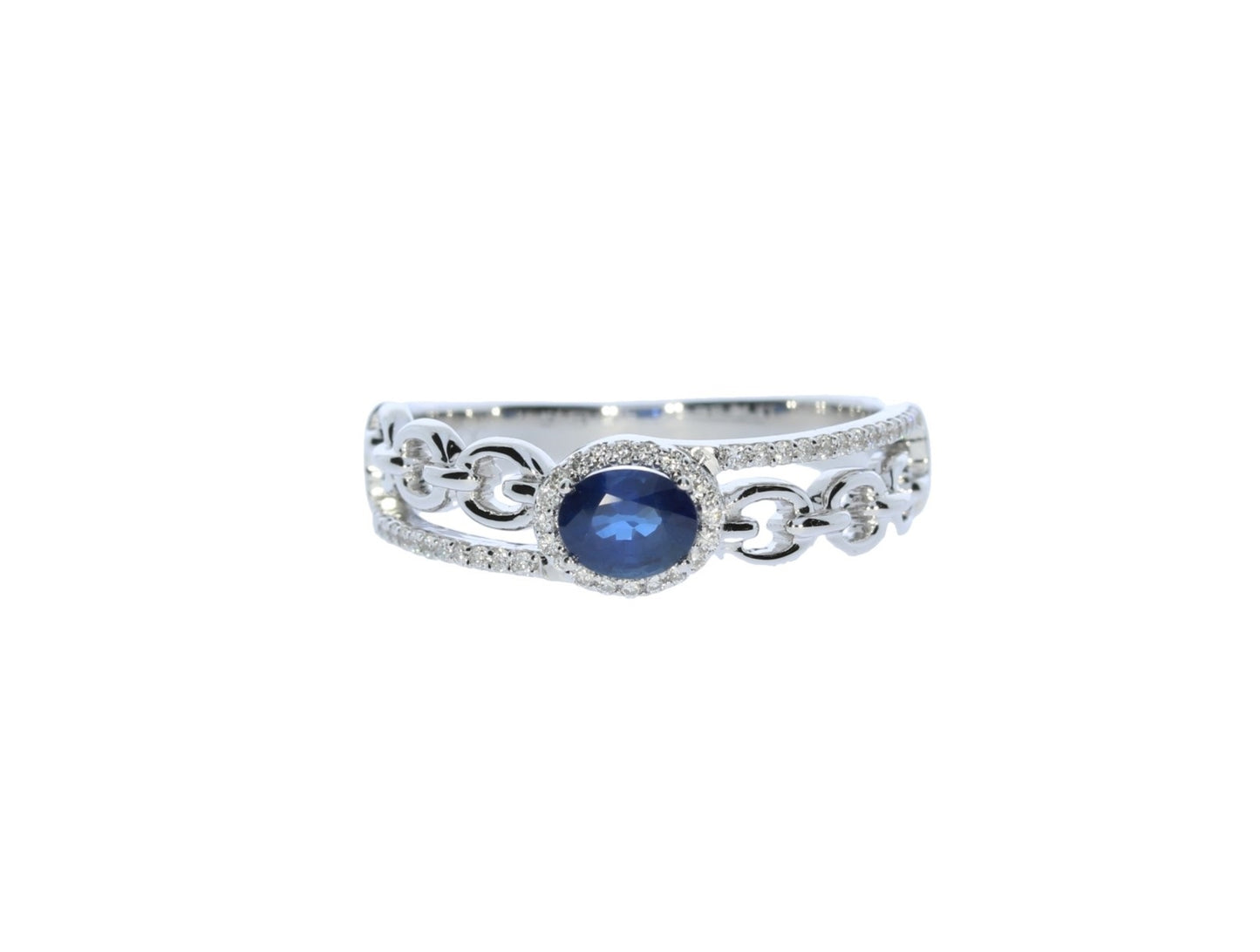 White Gold Oval Shaped Blue Sapphire Halo Diamond Ring