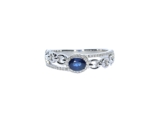 White Gold Oval Shaped Blue Sapphire Halo Diamond Ring - Colored Stone Rings - Women's