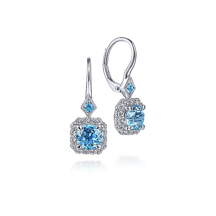Gabriel & Co White Gold Swiss Blue Topaz with Diamond Halo Leverback Earrings - Colored Stone Earrings