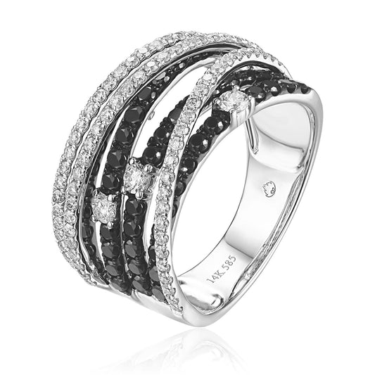 Luvente White Gold Cross Over Style Black and White Diamond Ring - Diamond Fashion Rings - Women's