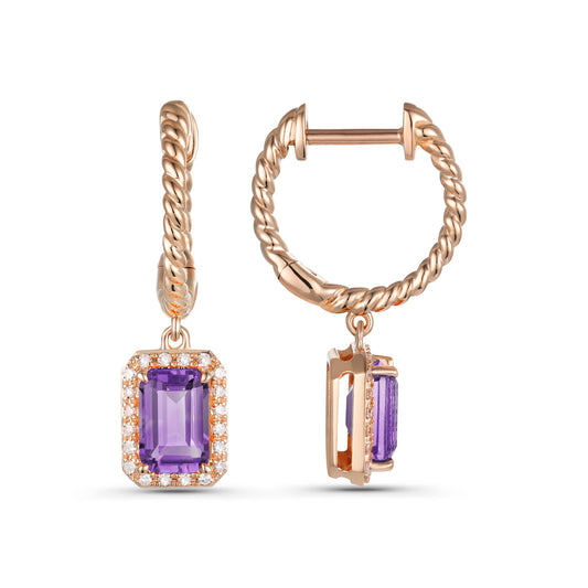 Luvente Rose Gold Amethyst & Diamond Drop Halo Earrings - Colored Stone Earrings