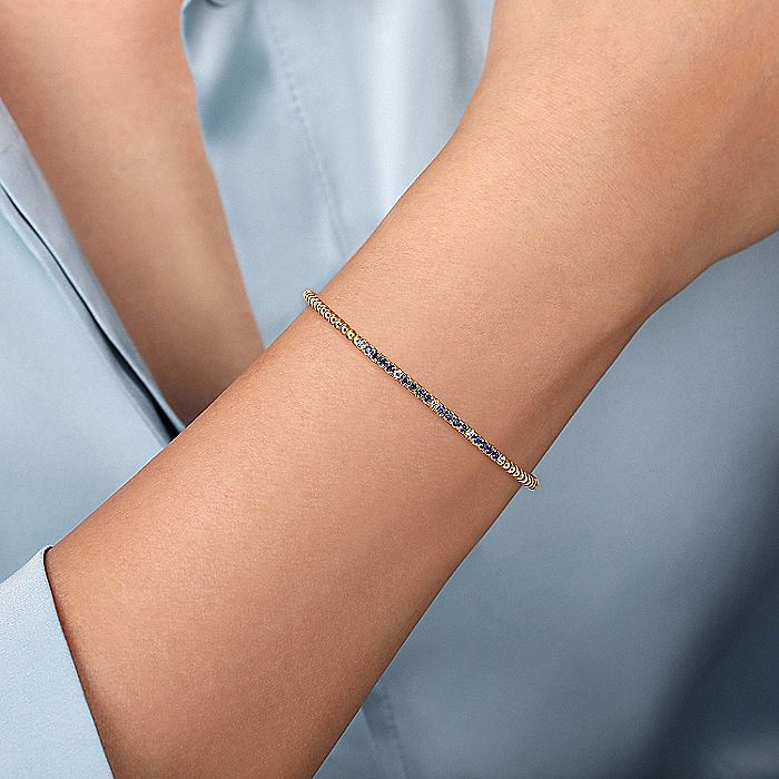 Gabriel & Co. 14 Karat Yellow Gold Bujukan Diamond and Blue Sapphire Cuff Bracelet