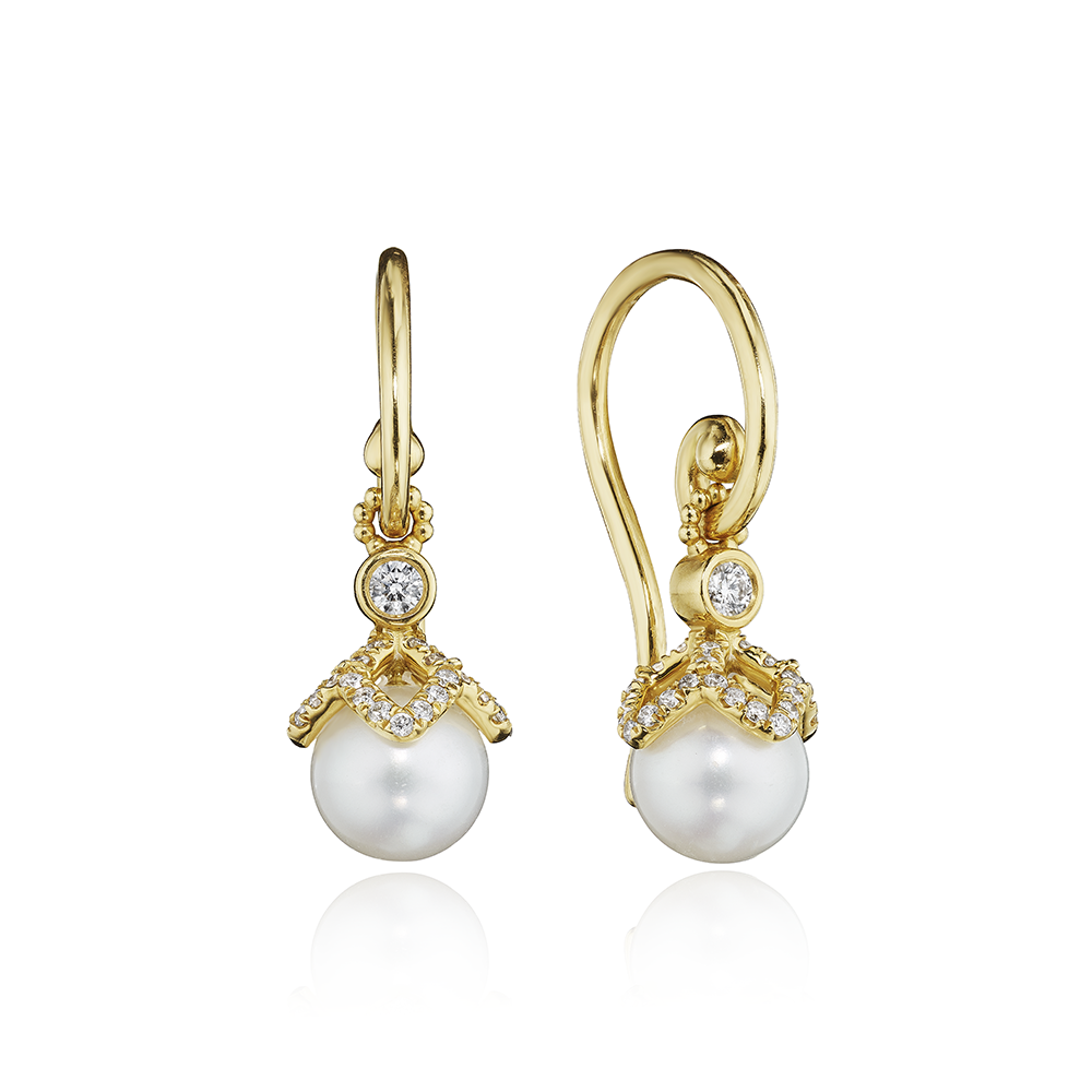 Verragio Yellow Gold Diamond Petal Cap Pearl Dangle Earrings