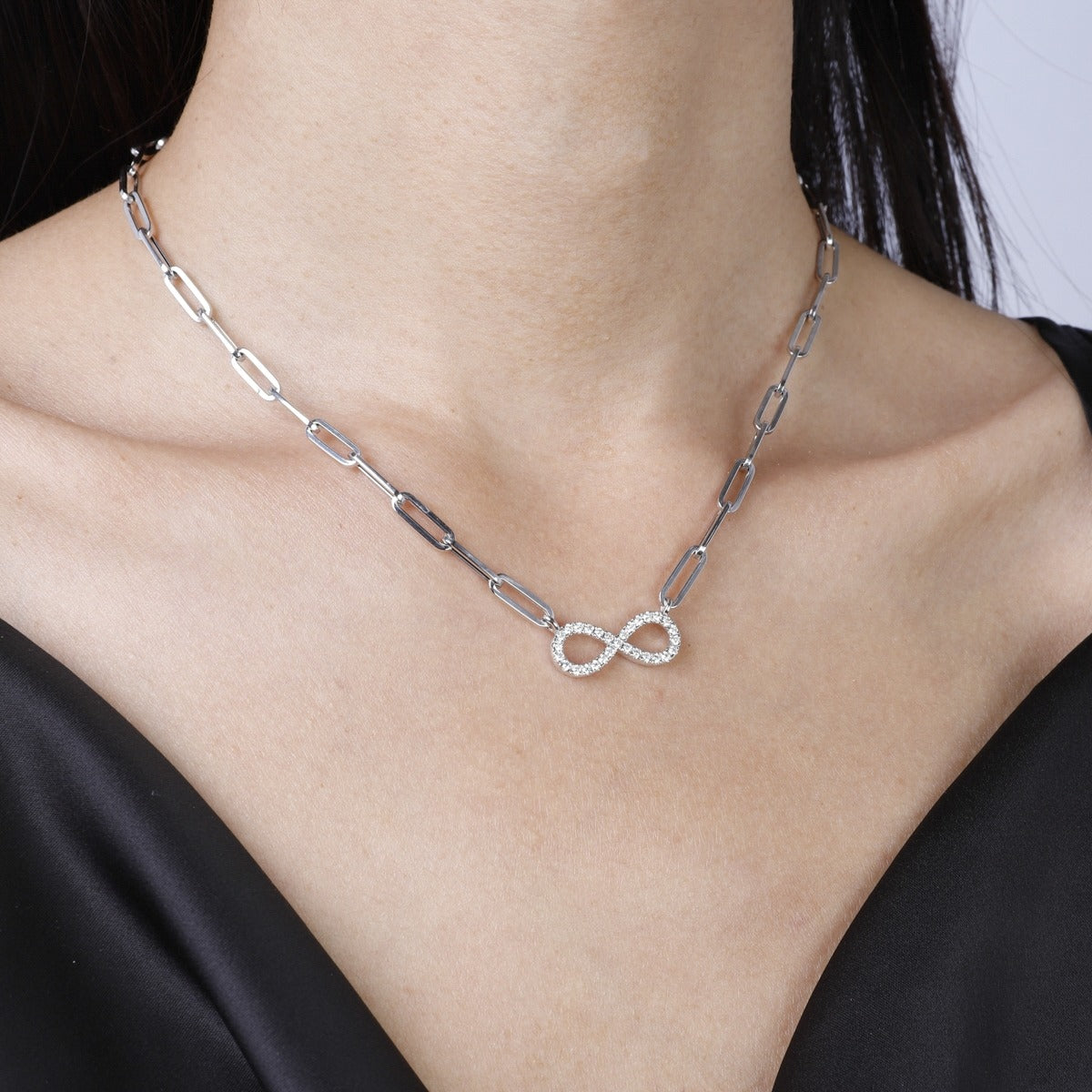 Luvente 14 Karat White Gold Diamond Infinity Paperclip Chain Necklace