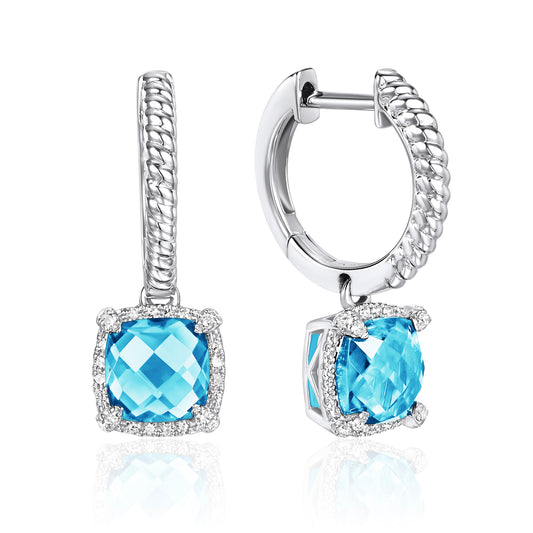 Luvente 14 Karat White Gold Rope Textured Dangle Blue Topaz and Diamond Earrings - Colored Stone Earrings