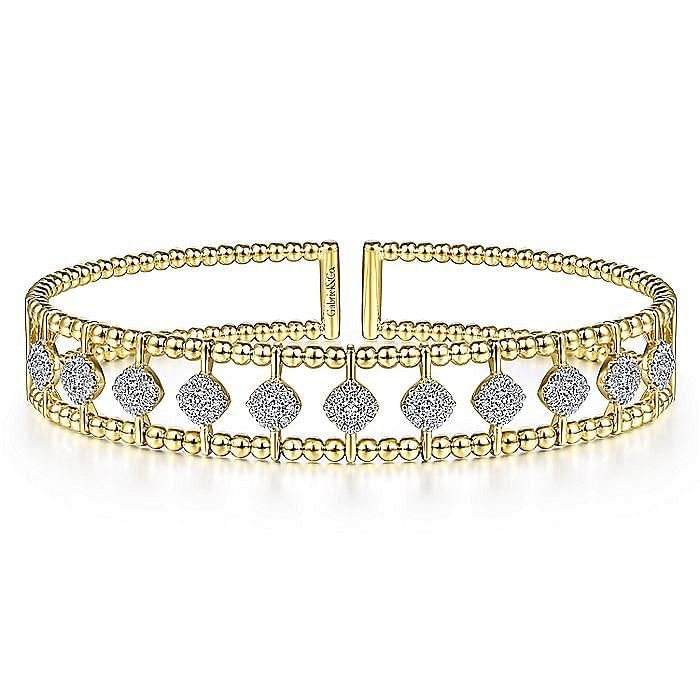 Gabriel & Co. Yellow Gold Offset Diamond Cluster Bujukan Beaded Cuff Bracelet - Diamond Bracelets