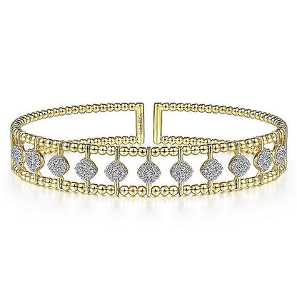 Gabriel & Co. Yellow Gold Offset Diamond Cluster Bujukan Beaded Cuff Bracelet - Diamond Bracelets