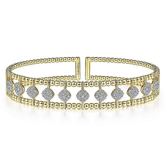 Gabriel & Co. Yellow Gold Offset Diamond Cluster Bujukan Beaded Cuff Bracelet