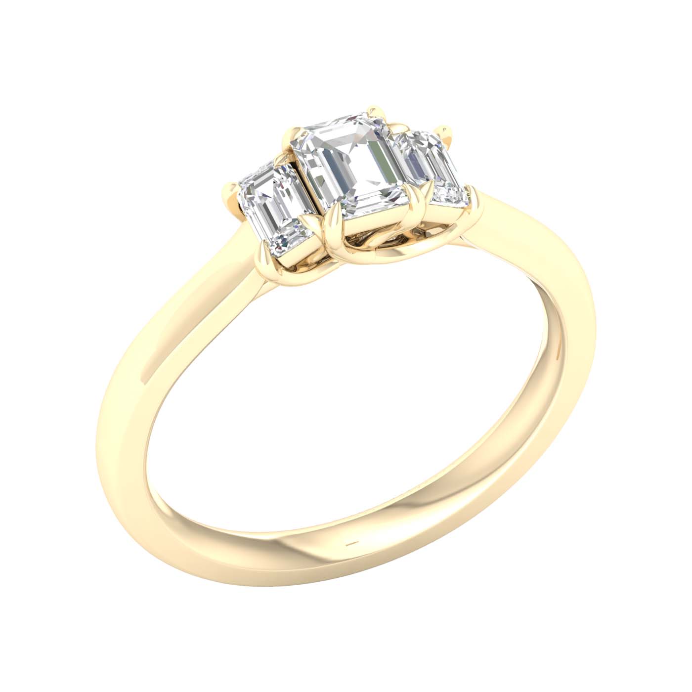 Yellow Gold Laboratory Grown Three Stone Emerald Cut Engagement Ring