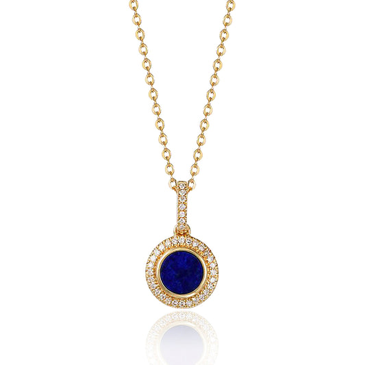 Luvente 14 Karat Yellow Gold Round Blue Lapis Diamond Halo Pendant