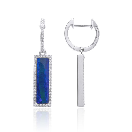 Luvente 14 Karat White Gold Long Rectangular Blue Opal Diamond Halo Dangle Earrings - Colored Stone Earrings
