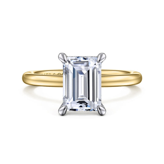 Gabriel & Co.Yellow and White Gold Emerald Cut Hidden Halo Semi-Mount Engagement Ring - Diamond Semi-Mount Rings