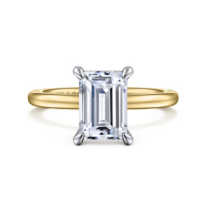Gabriel & Co.Yellow and White Gold Emerald Cut Hidden Halo Semi-Mount Engagement Ring