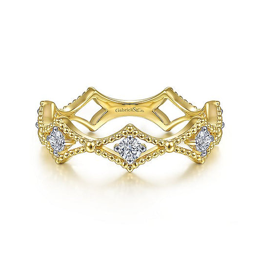Gabriel & Co Yellow Gold Diamond Station and Bujukan Bead Ring - Diamond Fashion Rings - Women's