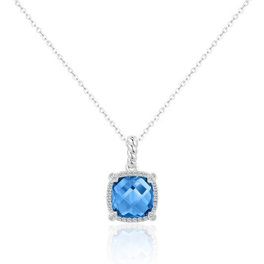 Luvente 14 Karat White Gold Cushion Cut Blue Topaz Diamond Halo Pendant