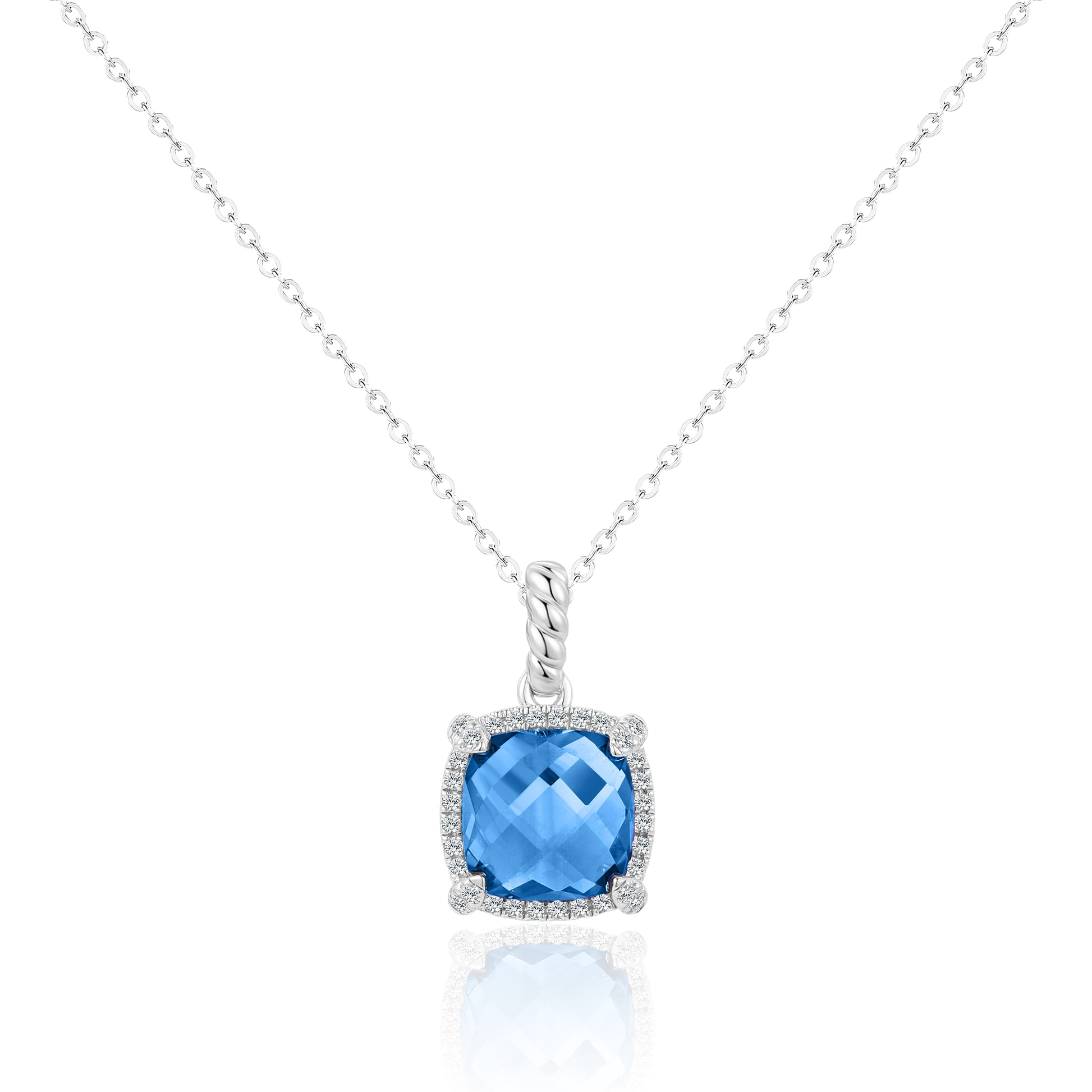 Luvente 14 Karat White Gold Cushion Cut Blue Topaz Diamond Halo Pendant - Colored Stone Pendants