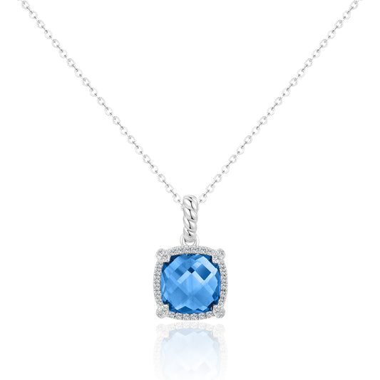 Luvente 14 Karat White Gold Cushion Cut Blue Topaz Diamond Halo Pendant