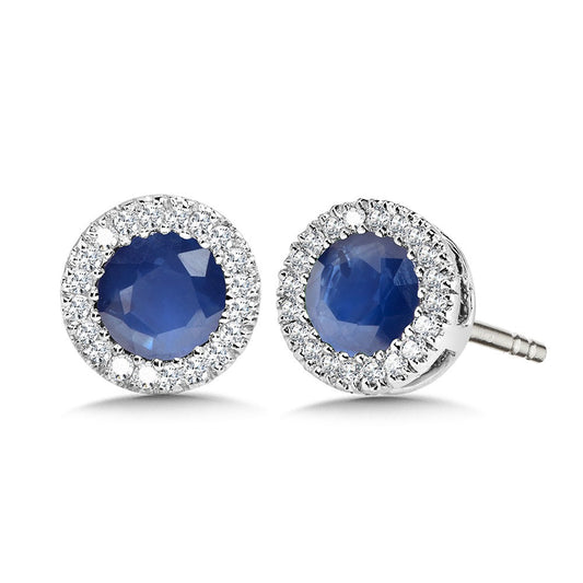 White Gold Round Sapphire Diamond Halo Stud Earrings - Colored Stone Earrings