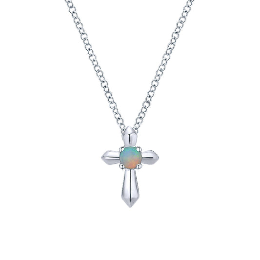 Gabriel & Co Sterling Silver Round Opal Cross Necklace