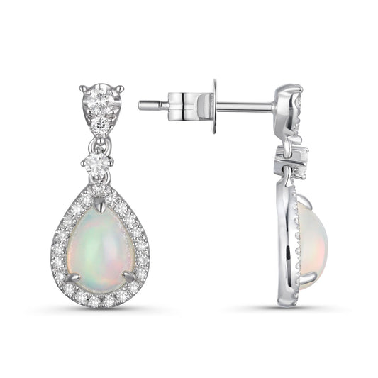 Luvente White Gold Opal & Diamond Drop Earrings - Colored Stone Earrings