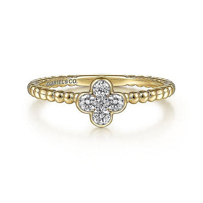 Gabriel & Co. Yellow Gold Diamond Cluster Clover and Bujukan Bead Ring