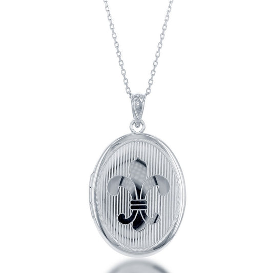 Sterling Silver Fluer De LIs Oval Locket - Silver Necklace