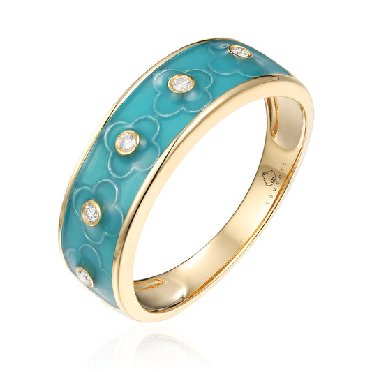 Luvente 14 Karat Yellow Gold Wide Turquoise Enamel Diamond Flower Band - Colored Stone Rings - Women's