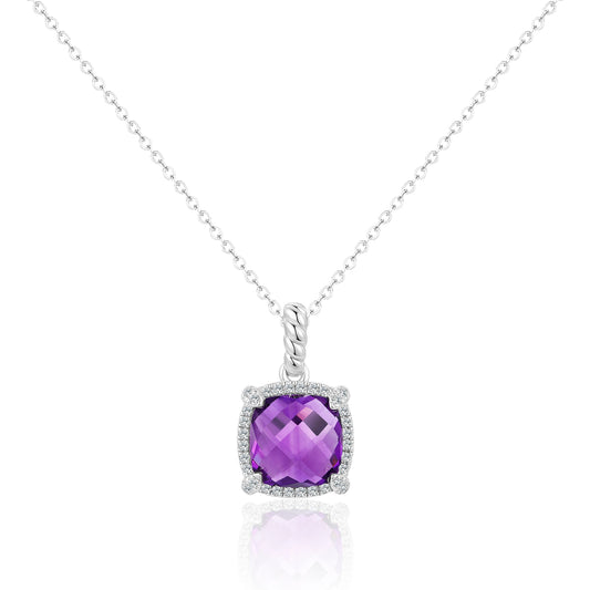Luvente 14 Karat White Gold Cushion Cut Amethyst and Diamond Pendant