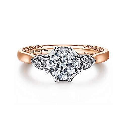 Gabriel & Co. Art Deco White & Rose Gold Round Diamond Engagement Ring