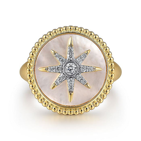 Gabriel & Co. Bujukan Mother of Pearl Inlay Diamond Starburst Signet Ring - Colored Stone Rings - Women's