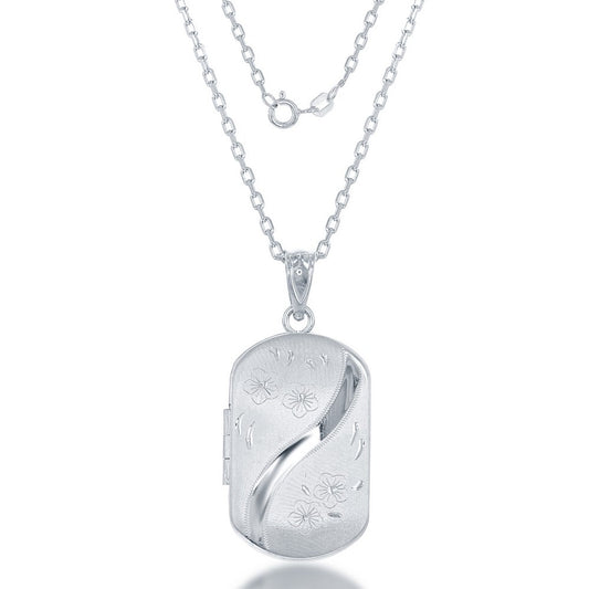 Sterling Silver Flower Design Rectangular Locket - Silver Necklace