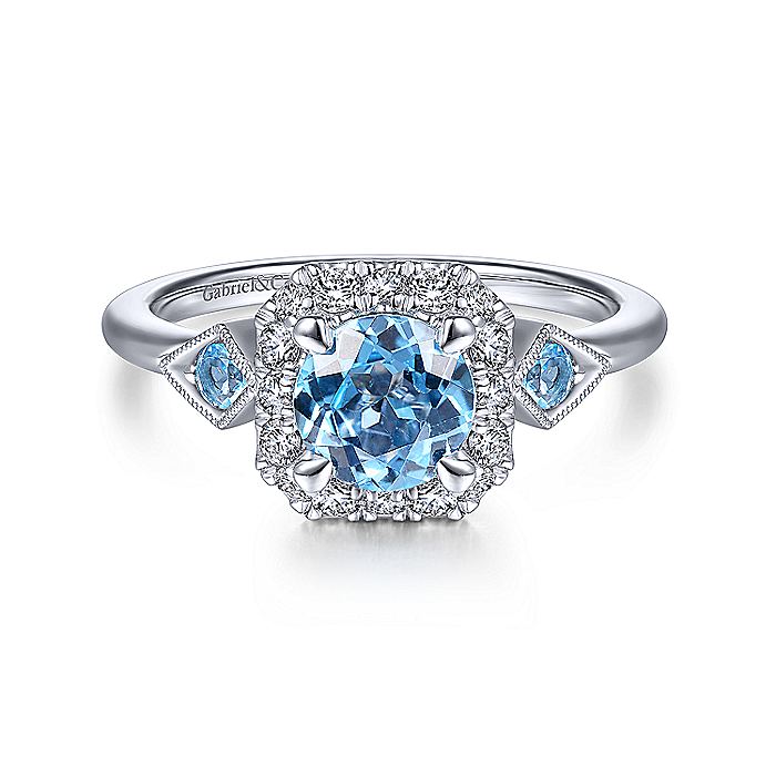 Gabriel & Co White Gold Three Stone Blue Topaz and Diamond Halo Ring