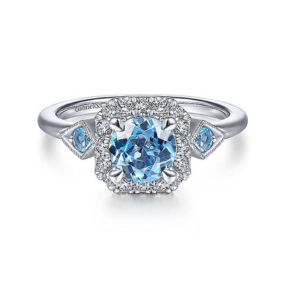 Gabriel & Co White Gold Three Stone Blue Topaz and Diamond Halo Ring