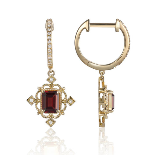 Luvente Yellow Gold Garnet and Diamond Earrings - Colored Stone Earrings